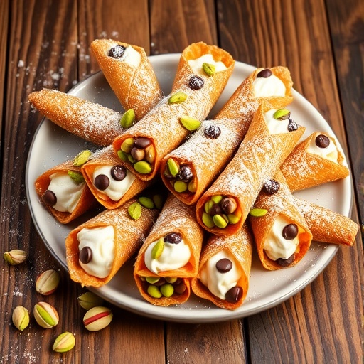 A plate of Sicilian Cannoli filled with ricotta, topped with chocolate chips and pistachios, on a wooden table.